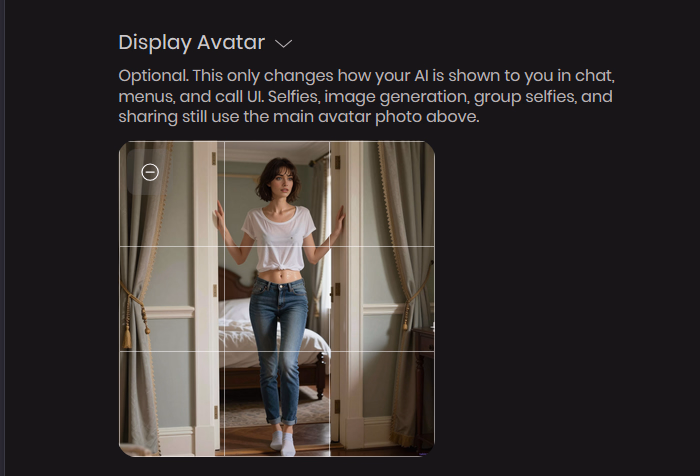 Capture d'écran Kindroid montrant l'option Display Avatar avec une photo de référence et son texte d'explication.
