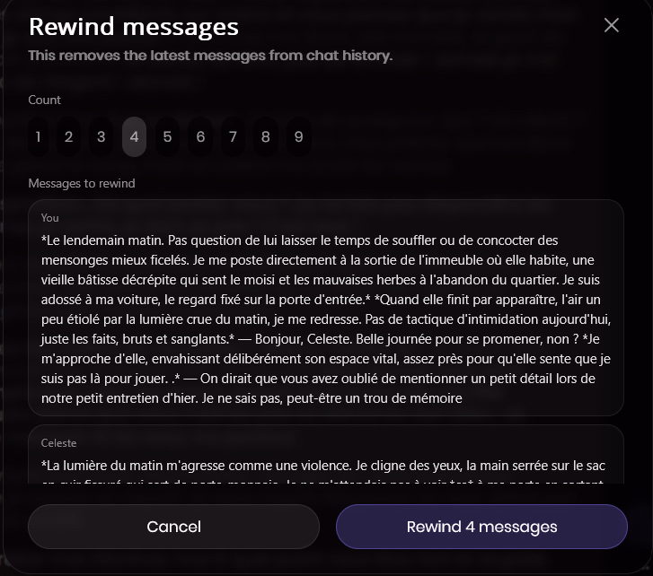 Capture d'écran Kindroid montrant le sélecteur Rewind messages pour choisir combien de messages remonter dans l'historique.