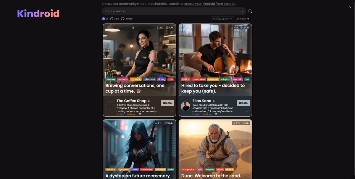 La galerie communautaire de Kindroid, des milliers de personnages à explorer ou à remixer.