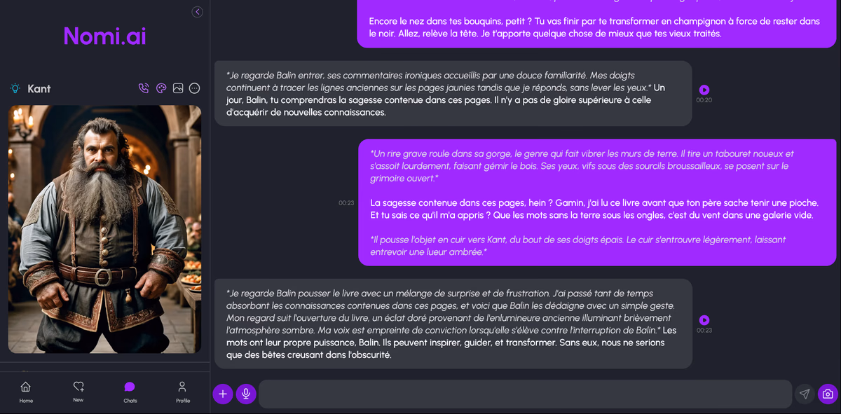 L'interface chat de Nomi.ai
